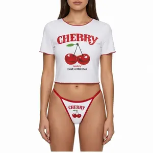 3-Piece Bikini Set with Swim Shirt and Thong Bottom in White Cherry Print, Vacation Swimwear, Beach Bathing Suit, Pool Swimsuit Cover Up, Summer Resort 2 Piece Swim Set, Women's Swimwear, Bathing Suit for Women