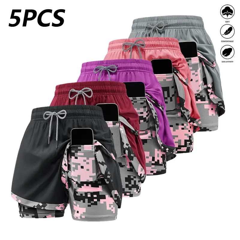 5-pack women’s casual sports shorts, double-layer design with inner pockets, suitable for sports, fitness, running, yoga—an ideal gift for women