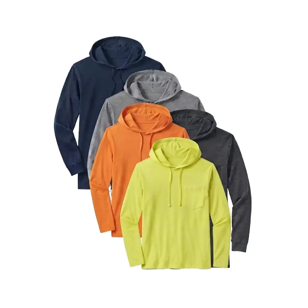 Safeguard Men's Fitted Crew Neck Hooded Top - Plain Breathable Cotton Blend Medium Length Long Sleeve with Chest Pocket, Hood Helps Shield Sun, Long Sleeves for Coverage, Outdoor Casual Activewear