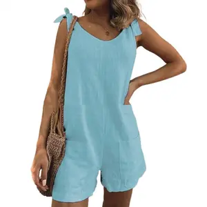 Women's Sleeveless Loose Fit Romper - Solid Color Linen Blend Fabric, Breathable Chic Overalls with Patch Pockets, Minimalist Comfortable Basic Multi-Size Womenswear