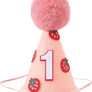 Strawberry 1st Birthday Hat - Sweet One Birthday Crown Pink Felt First Hat