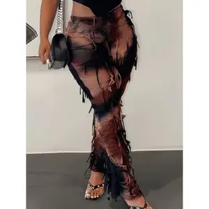 Women's Sexy High-Waisted Tie-Dye Mesh Flare Pants with Fringe Detail - Semi-Sheer Stretchy Trousers, Elastic Waistband, Machine Washable, Autumn/Winter Fashion for Mature Occasions Can be used with raincoat