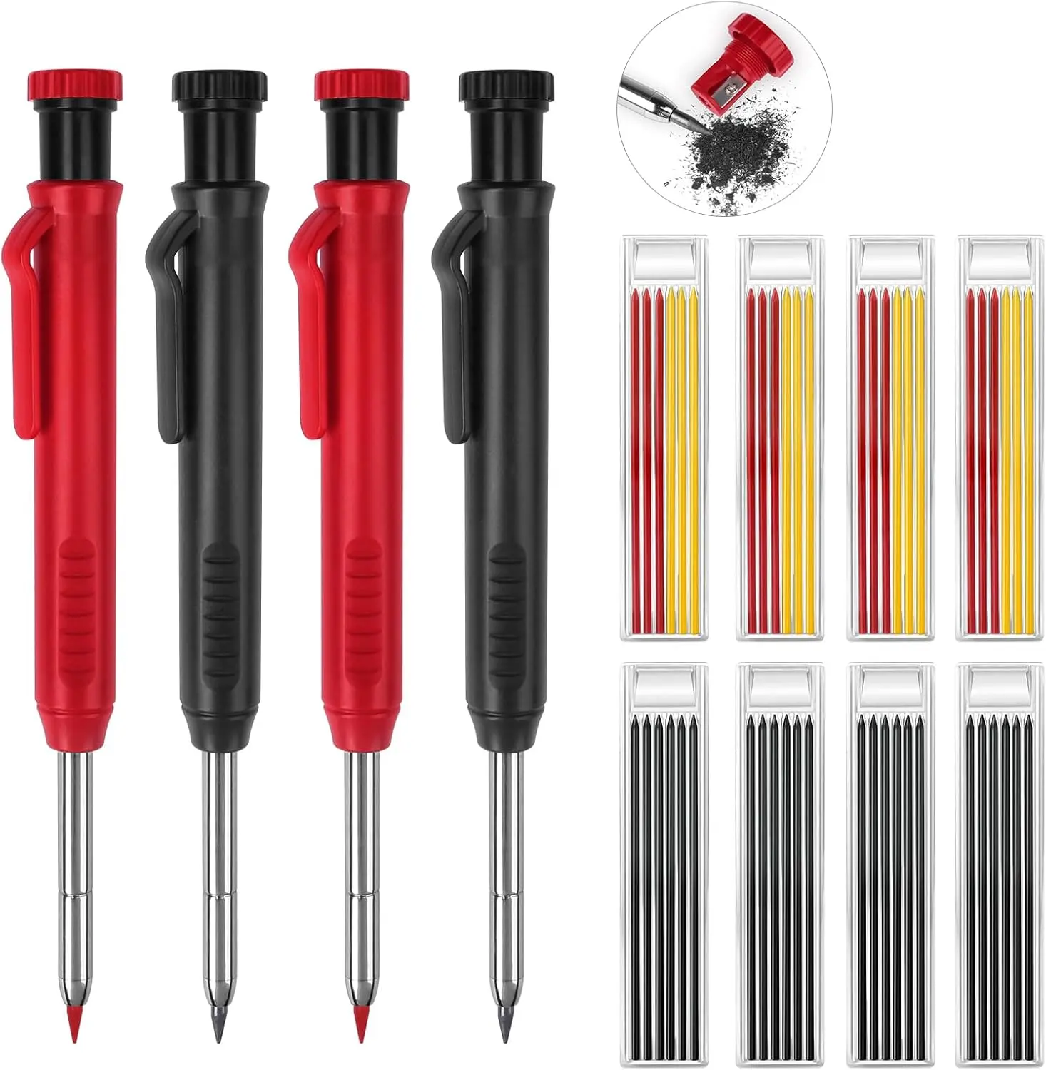 4 Pack Carpenter Pencils Mechanical Pencils with 48 Refills, Construction Pencils with Built-in Sharpener, Long Nib Deep Hole Pencil Marker, Heavy Duty Woodworking Pencils for Architect (2 Colors)