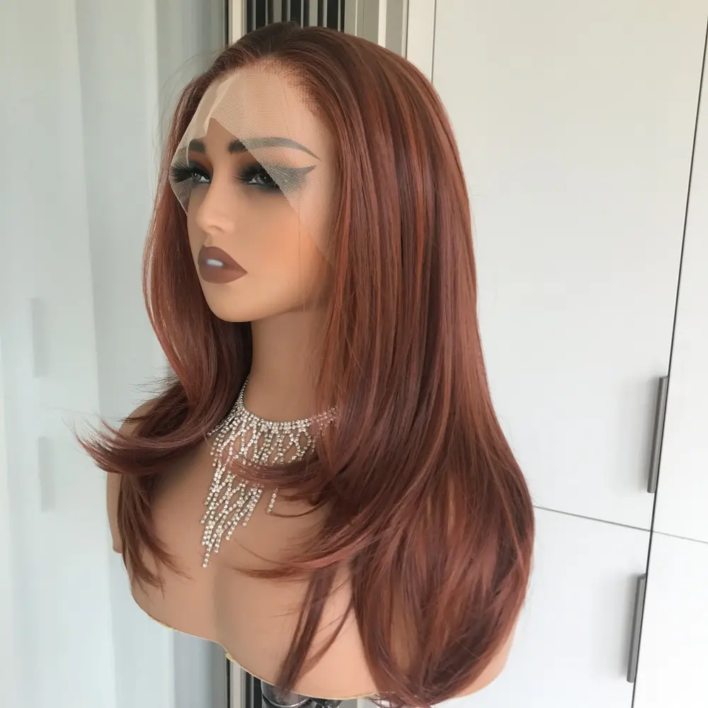 AISOM Jenna Copper Blend Layered Straight Free Part Glueless Lace Front Wig With Natural Hairline Low Density Natural Looking Synthetic Lace Wig 20 Inches for Girl Daily Use