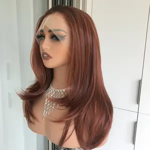 AISOM Jenna Copper Blend Layered Straight Free Part Glueless Lace Front Wig With Natural Hairline Low Density Natural Looking Synthetic Lace Wig 20 Inches for Girl Daily Use