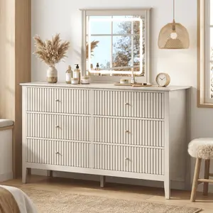 RoyalCraft Mordern 6 Drawer Dresser, Fluted Nightstand with 3 Drawers, Wood Storage Organizer, Wide Chest of Drawers for Closet, Large Storage Cabinet and TV Stand for Living Room,Bed Room,Hallway, Entryway.