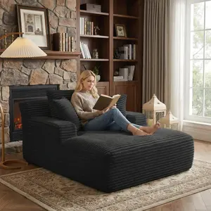 67‘’ Oversized Boneless Chaise Lounge, Upholstered Sofa Bed with Throw Pillows and Armrests, Indoor Sleeper Chair Luxurious Plush Corduroy Chair Bed for Living Room No Assembly Required,Gray