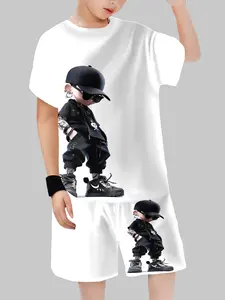 Boys' Summer Street Style Fashion Short Sleeve Shorts Suit Set, Cool Boys Sunglasses & Printed, Fitted Casual Wear for Kids