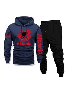 Men's Casual Fleece Hoodie & Pants 2-Piece Set, Albania Print - Outdoor Activities, Daily Versatile & Breathable, Front Kangaroo Pocket, Fall & Winter Wear, Perfect as a Surprise Gift