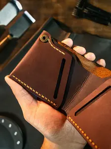 Hand Stitched Leather Wallet Button Closure Bifold Style Pull Up Leather Hand Waxed Burnished Edges Valentines Gift For Him