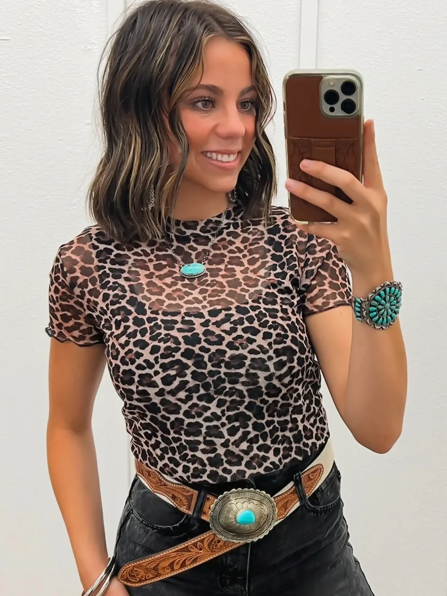 Leopard Print Sheer Mesh Short Sleeve Top,  Round Neck, Lettuce Trim Sleeves, and a Slim Fit.