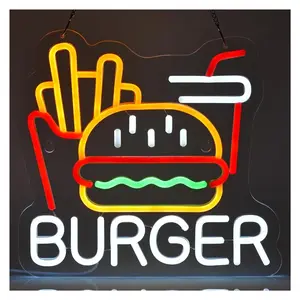 Sign Illuminated Burger Neon Sign Fries LED Light For Wall Art Decor For Hamburger Fast Food Business Home Restaurant Illuminated USB 32cm×30cm Sign Lamp