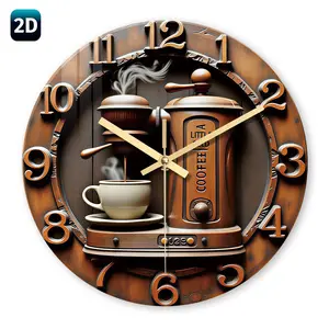 Silent non-ticking wall clock for modern coffee shop decoration, designed with an espresso machine, battery-powered (battery not included), thick tempered glass round clock, suitable for home use