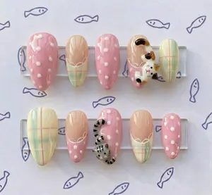 3D Kawaii Cat Press On Nails, Pink Polka Dot Plaid Almond Art