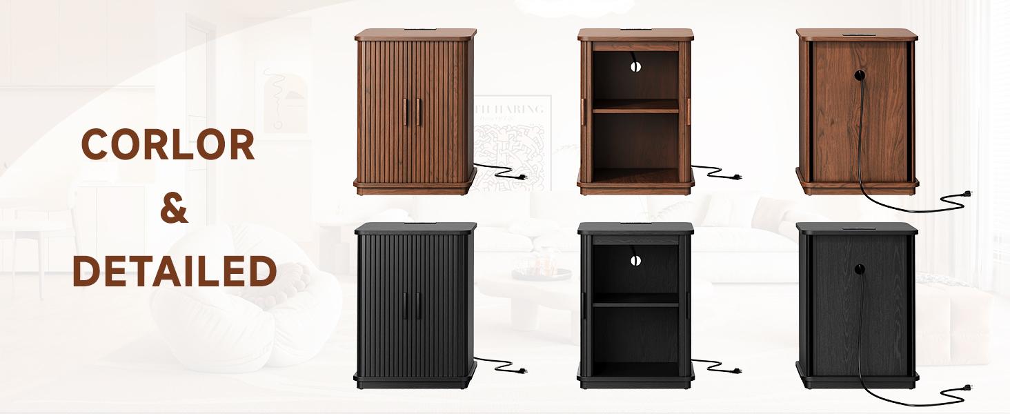 【Sliding Door Design】ONBRILL Square End Table with Storage & Charging Station, Fluted Accent Side Table with Sliding Door & Sturdy Pedestal, Mid-Century Modern Nightstand for Small Space, Living Room Furniture,dorm essentials,home decor