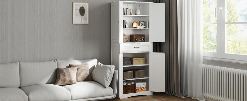 Gizoon 71'' Kitchen Pantry Storage Cabinet, Freestanding Pantry Organizers and Storage Cabinet with 4 Doors and 4 Adjustable Shelves, Tall Cabinet with Large Drawer for Kitchen, Living Room, Bathroom Apartment Furniture