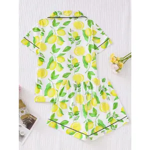 Lemon Print Women Pajama Set, 2pcs Short Sleeve Button Top with Elastic Shorts, Fresh Comfortable Sleepwear for Home