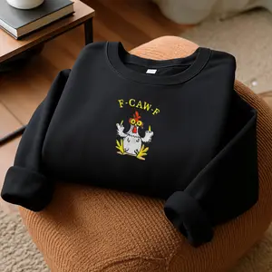 Gildan Heavy Blend F-Caw-F Embroidered Sweatshirt Funny Gothic Rooster Raven Shirt Sassy Bird Embroidery Top Unique Chicken Lover Gift Halloween Crewneck Black Women's Wear