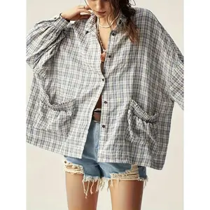 Casual Loose Retro Plaid Shirt for Women Elegant Casual Button Shirt Classic Collar Blue and White Plaid Pattern Machine Washable All-Season Top Non-See-Through Polyester Women's Clothing