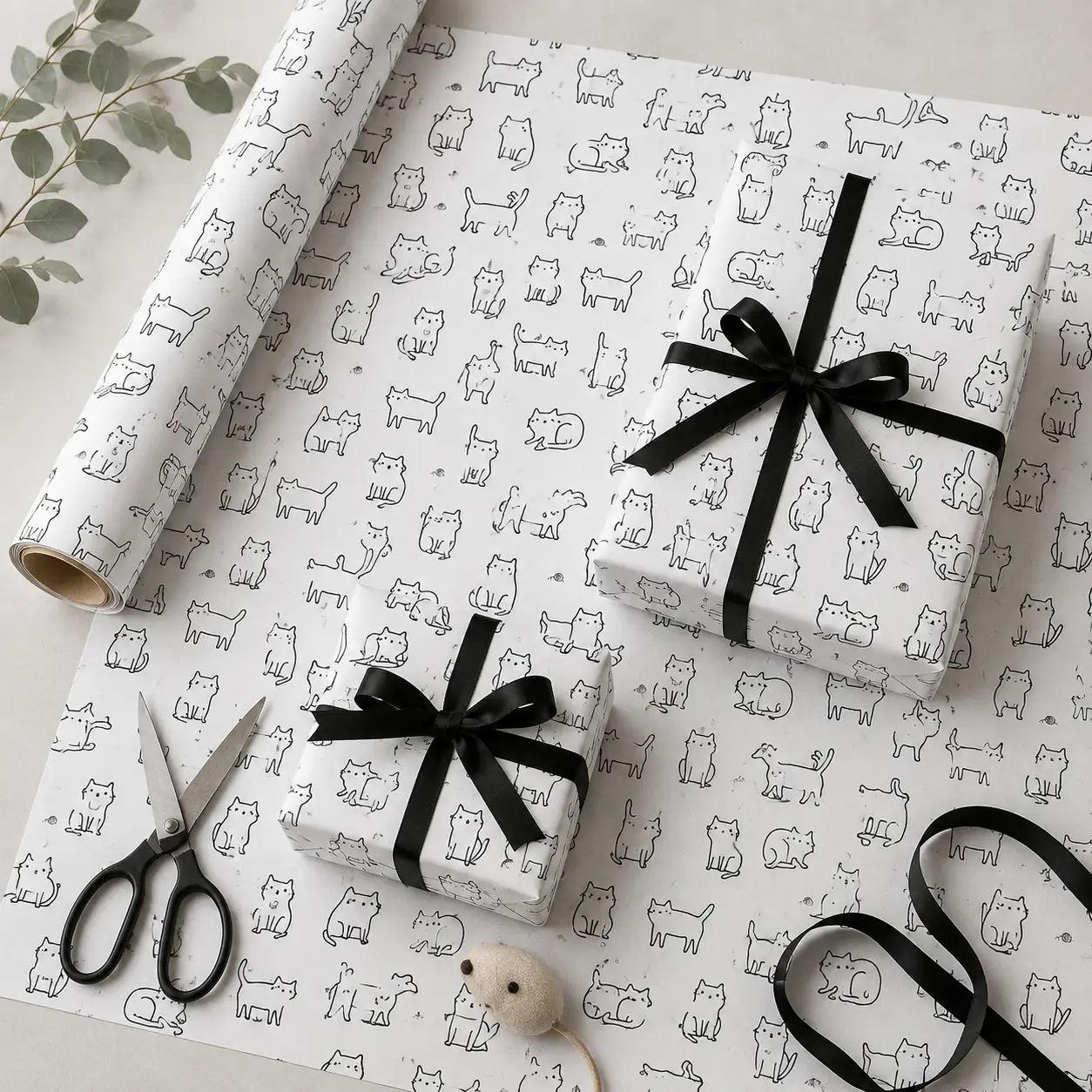 Minimalist Black White Line Art Cat Gift Wrapping Paper Sheet - Simple Aesthetic Kitten Doodle Wrap for Cat Mom Birthday Anniversary Christmas Graduation