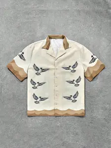 1pc Men's Contrast Bird Graphic Print Shirt Pink & Black Short Sleeve Camp Collar Button Down Casual Street Fashion Summer Beach Vacation Top For Men US UK Trending Button Front Shirts
