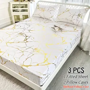 3-Piece Gold Foil Marble Pattern Bedding Set, Includes Flat Sheet and Pillowcases, Modern Design for Bedroom Decor, Comfortable and Stylish