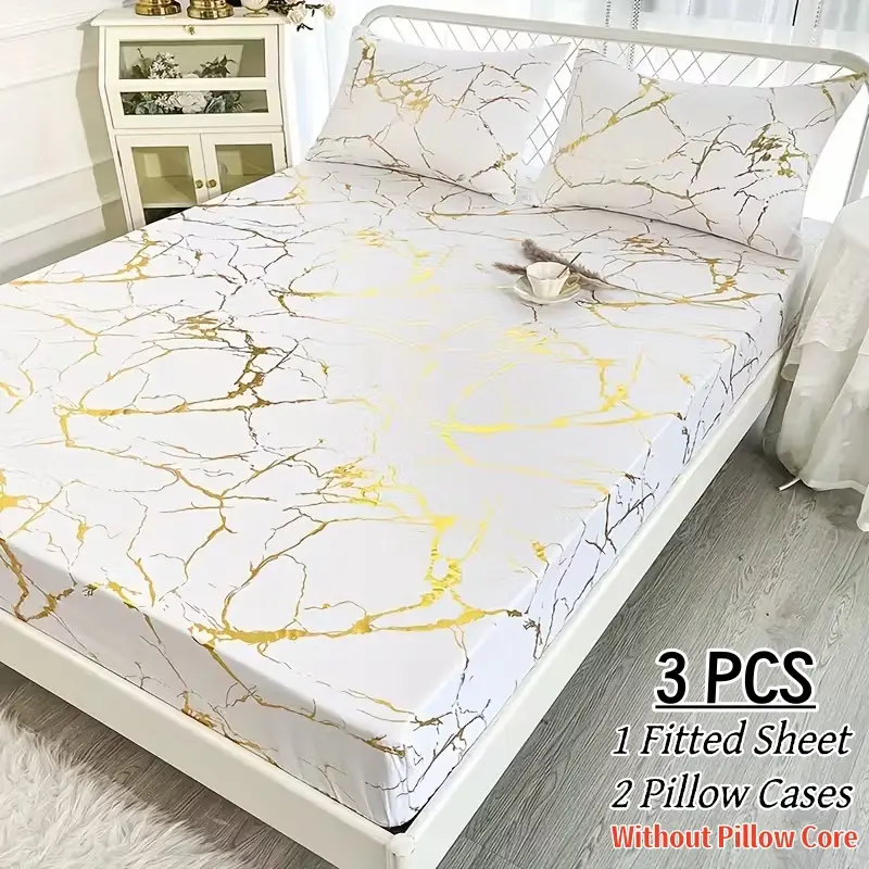 3-Piece Gold Foil Marble Pattern Boho Bedsheet Set, Includes Flat Sheet and Pillowcases, Modern Design for Bedroom Decor, Comfortable and Stylish