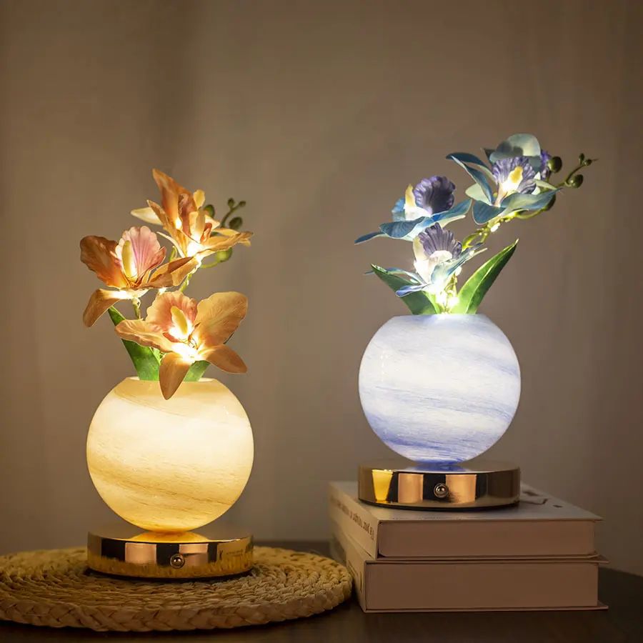 Orchid Theme Round Base Table Lamp - Creative Phalaenopsis "Planet & Basin" Style LED Lights, Bedroom Nightlight, Decorative Bedside Piece, Gift for Gift Lovers