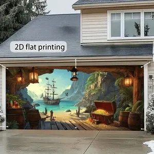 Garage Door Curtain Pirate Ship Treasure Theme, Creative Home Decor, Personalized Garage Door Cover, 2D Flat Print, Indoor Outdoor Use