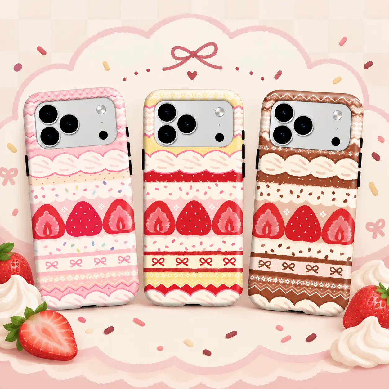 Cute Strawberry Cake Phone Case for iPhone 18, Kawaii Pink Chocolate Dessert Design, Coquette Aesthetic Protective Tough Case