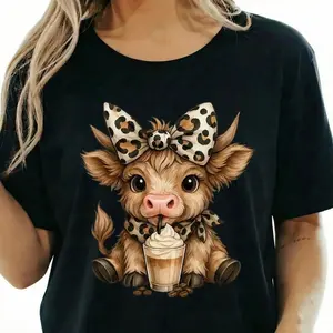 Highland Cow Shirt Cute Graphic Tee Women Heart Glasses Red Bow Lollipop Animal Lover Oversized Fit Comfy Top Sweet Gift