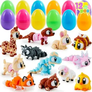 12 Pcs Prefilled Easter Eggs with 3D Printed Toys, Cute Mini Animal Toys with Big Eyes for Basket Stuffers, Party Favor for Boys & Girls, Stuffed Easter Egg Hunt, Class Prize Supplies, Kids Gift