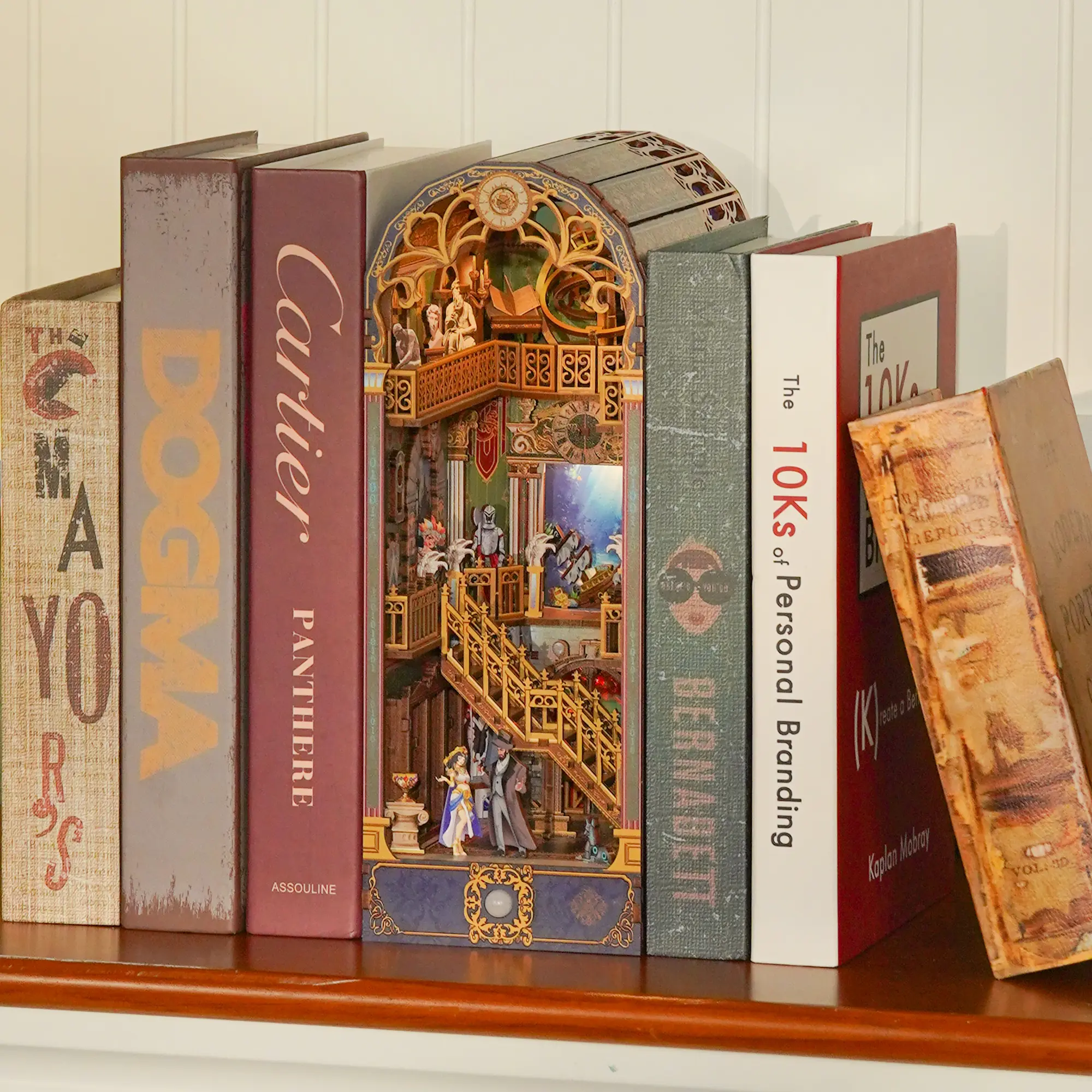 Tonecheer 3D Wood Design DIY Book Nook Kit - Handmade Gifts, Adult DIY Building Set, Spacetime Museum Themed Bookend Bookshelf Insert with Dust Cover, LED Lights