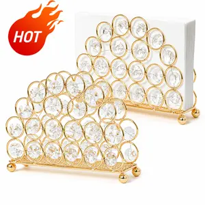 2 Pack Luxury Shiny Champagne Gold Metal Napkin Stand Crystal Table Caddy Multi-Functional Tissue & Card Organizer for Kitchen Bathroom Wedding Table Decoration Ideal Holiday Gift