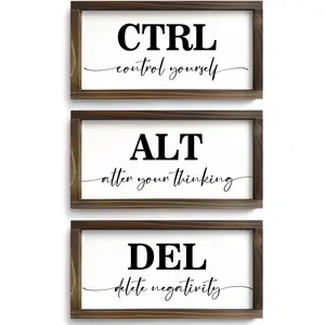 Motivational Wall Decor for Office, Set of 3 Rustic Wooden Framed Signs, CTRL ALT DEL Inspirational Wall Art for Home Office, Classroom, Desk Wall, Positive Mindset Decor, (6"x12"x3)