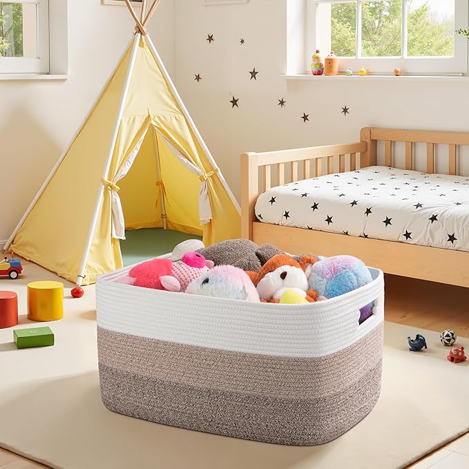 Large Cotton Rope Basket, Rectangular storage basket, suitable for storage, toy storage in children's rooms, and organizing baskets for toys with handles in living rooms