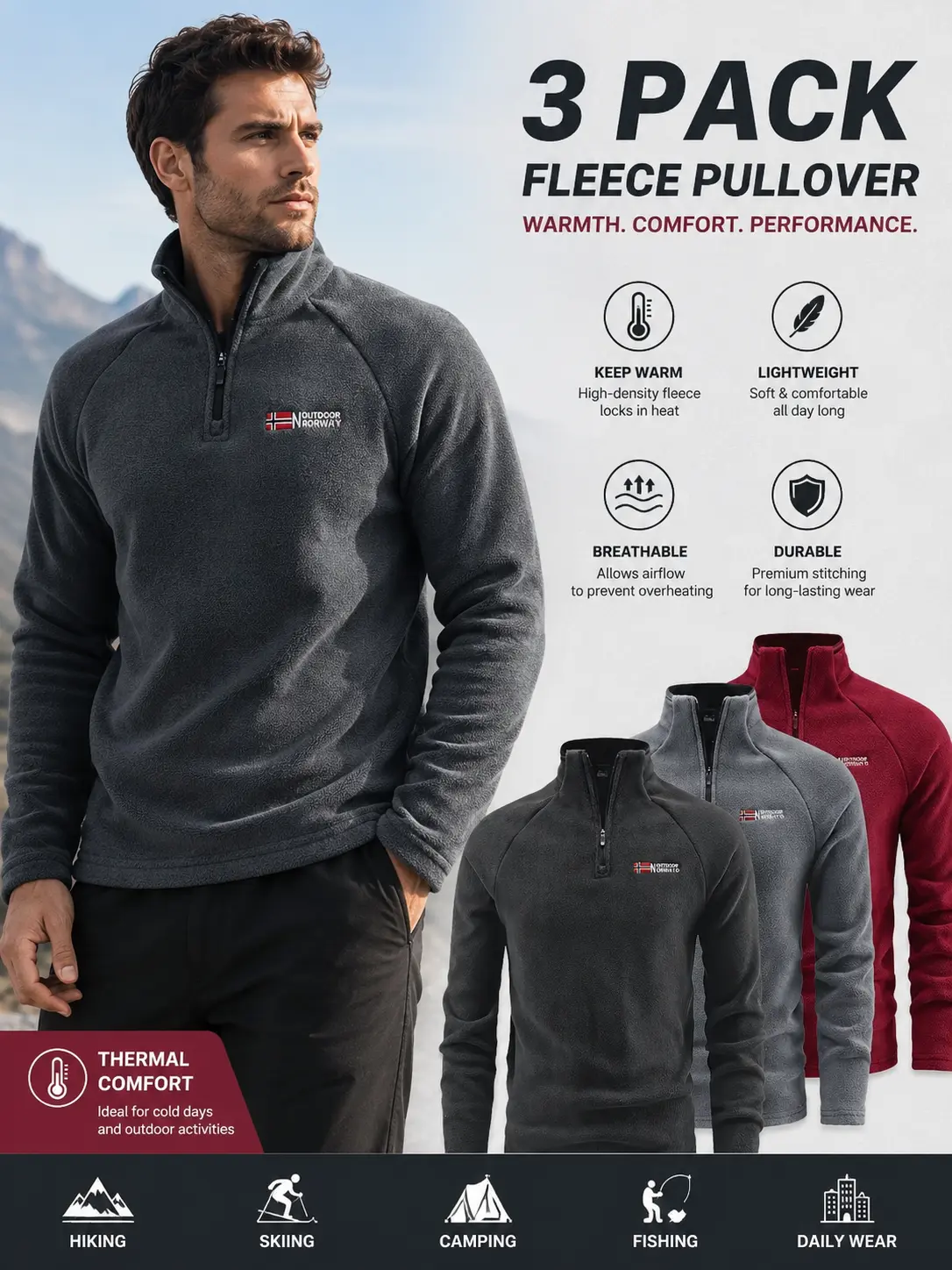 Men’s 3-Pack Casual Fleece Quarter-Zip Long-Sleeve Pullover Sweatshirts - Stand Collar, Embroidered Details, Menswear Tops, Streetwear Jackets, Fashion Casual Outerwear (Grey)