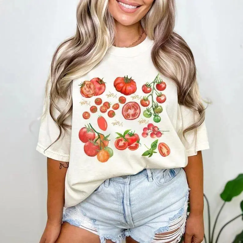 Women's Fitted Cotton Graphic T-Shirt - Vintage Tomato Fruit Garden Print, Cottagecore Aesthetic, Retro Fashion, Nature-Inspired Streetwear, Soft Breathable Short Sleeve Round Neck, Summer Casual Everyday Top, Gardening Lover Gift Idea, Printed, Fabrics