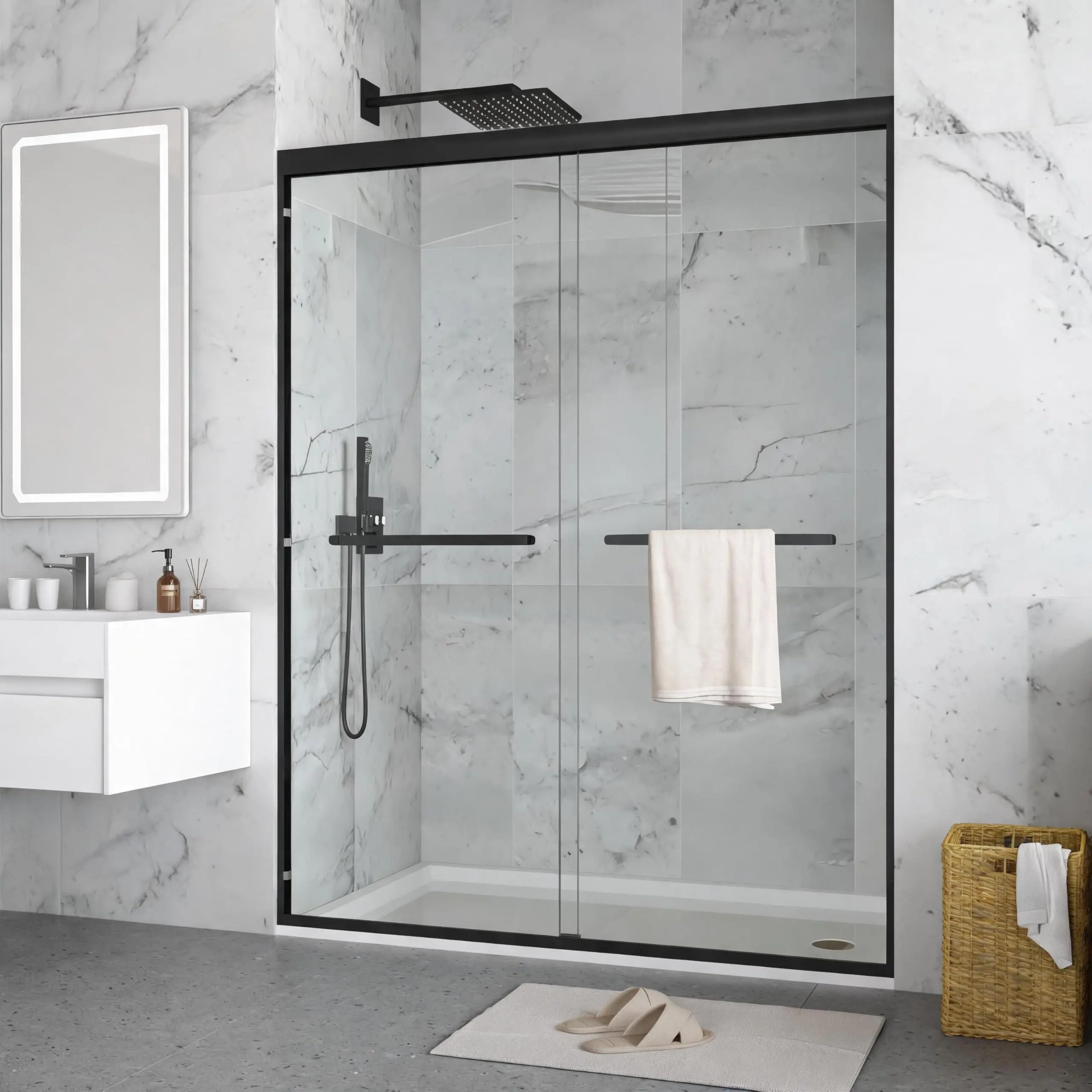 Garvee 44"-48" W x 72" H Double Sliding Shower Door, Semi-Frameless Bypass Bathroom Door with 1/4" SGCC Tempered Glass & Explosion-Proof Film, Matte Black Finish for Walk-in Shower Enclosure