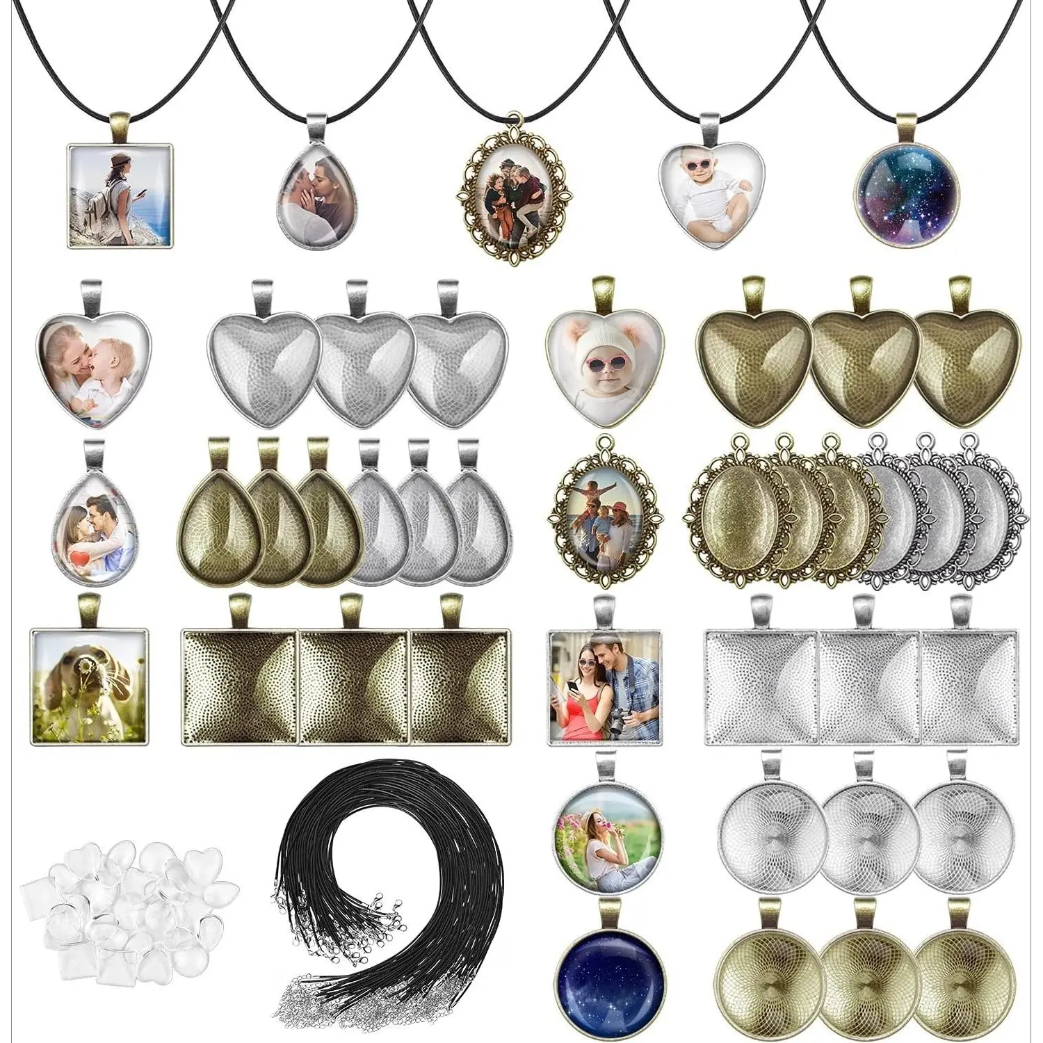 X-BY109  Pendant Trays with Glass Cabochons for Jewelry Making, 90pcs Pendants Trays Set Including 30pcs Bezel Pendant Trays Blanks, 30pcs Glass Cabochons and 30pcs Necklaces Cords for Necklace Making