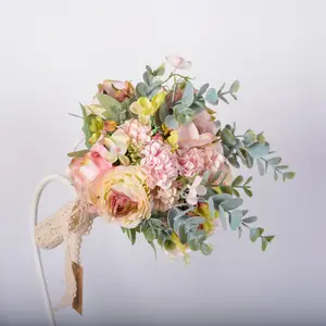 Wedding Bouquet, Artificial Flower Bouquet with Lace Mesh Wrapping, Romantic Wedding Anniversary Party Valentine's Day Decoration Supplies