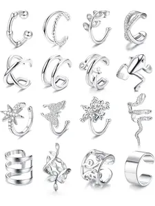 Exquisite 16 Pcs Silvery Diverse Ear Cuffs Copper Helix Cartilage Clip on Earrings for Women Men Shining CZ Non Earrings Set Adjustable Flower Star Leaf Butterfly Frog Snake Ear Clips Set for Women Men