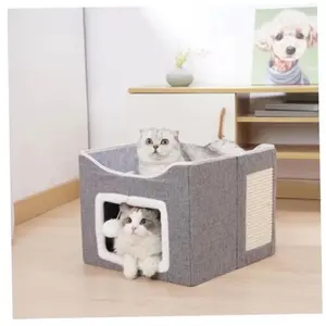 Cat House Indoor Collapsible Cat Tent with Hanging Fluffy Ball & Scratch Pad 10Kg Heavy (GR) - Gray Color, Designed for Comfort and Scratching