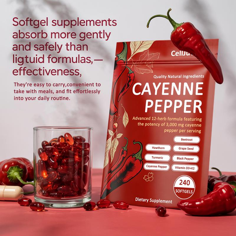 CellJuvMax Cayenne Pepper Supports Leg Vein, Heart and Blood Vessel Health Softgels 240 Capsules – 12-in-1 Advanced Botanical Formula with Turmeric, Grape Seed, Hawthorn, Vitamin D3 + K2 – Vegan, Non-GMO, Keto Friendly