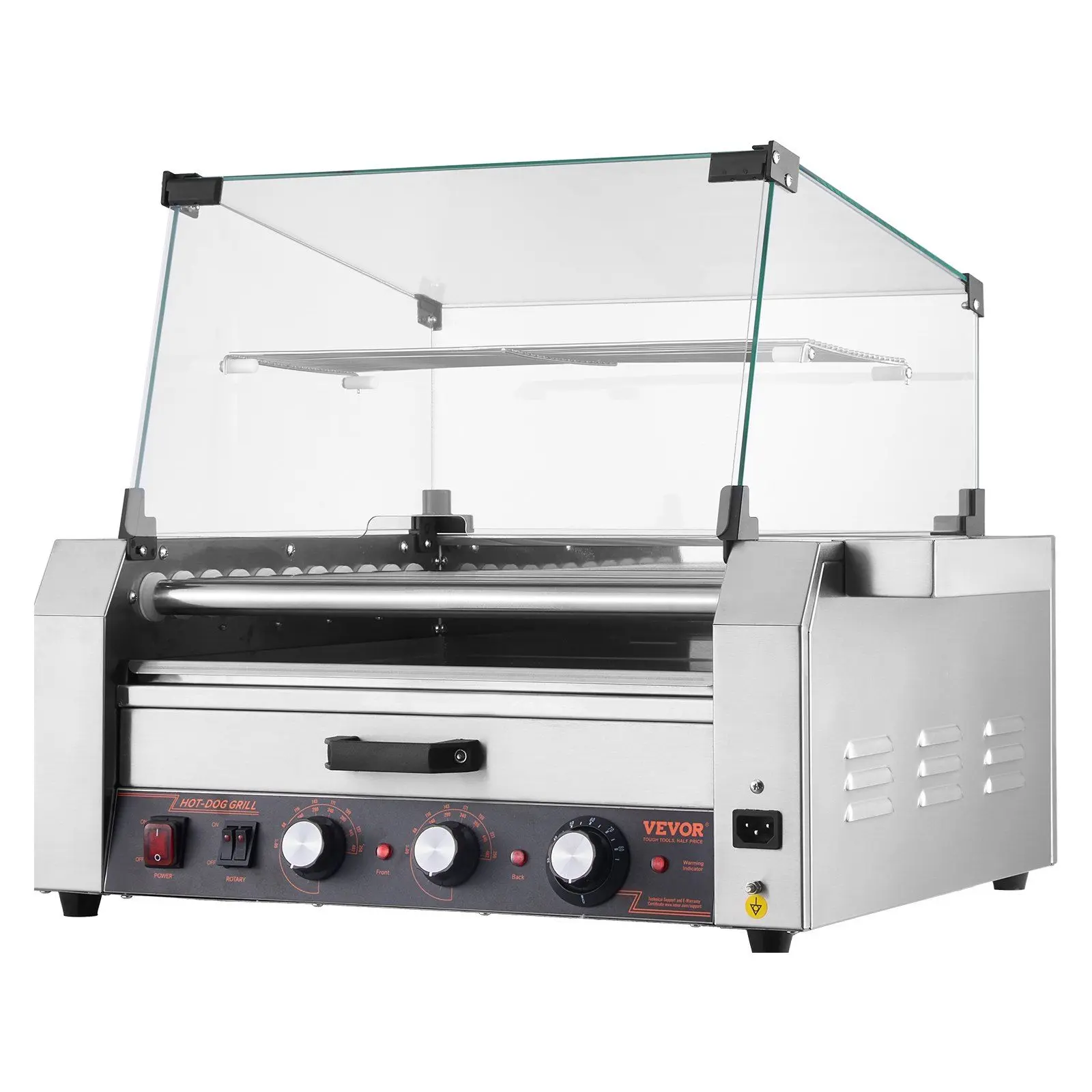 VEVOR Electric Hot Dog Grill Cooker Machine, 11 Rollers, 30-Hot Dog Capacity, 1950W Power, Bun Warmer Cover