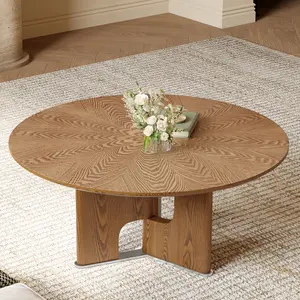 31.5 Inches Round Rustic Ash Wood Veneer Coffee Table for Small Living Room