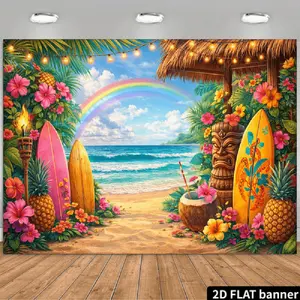 1PC,2D Flat Backdrop Tropical Beach Theme Decorative Backdrop, Hawaiian Style Party Background Curtain, Summer Surf Rainbow Beach Scene Decoration Tapestry, Festival Event Party Photo Backdrop