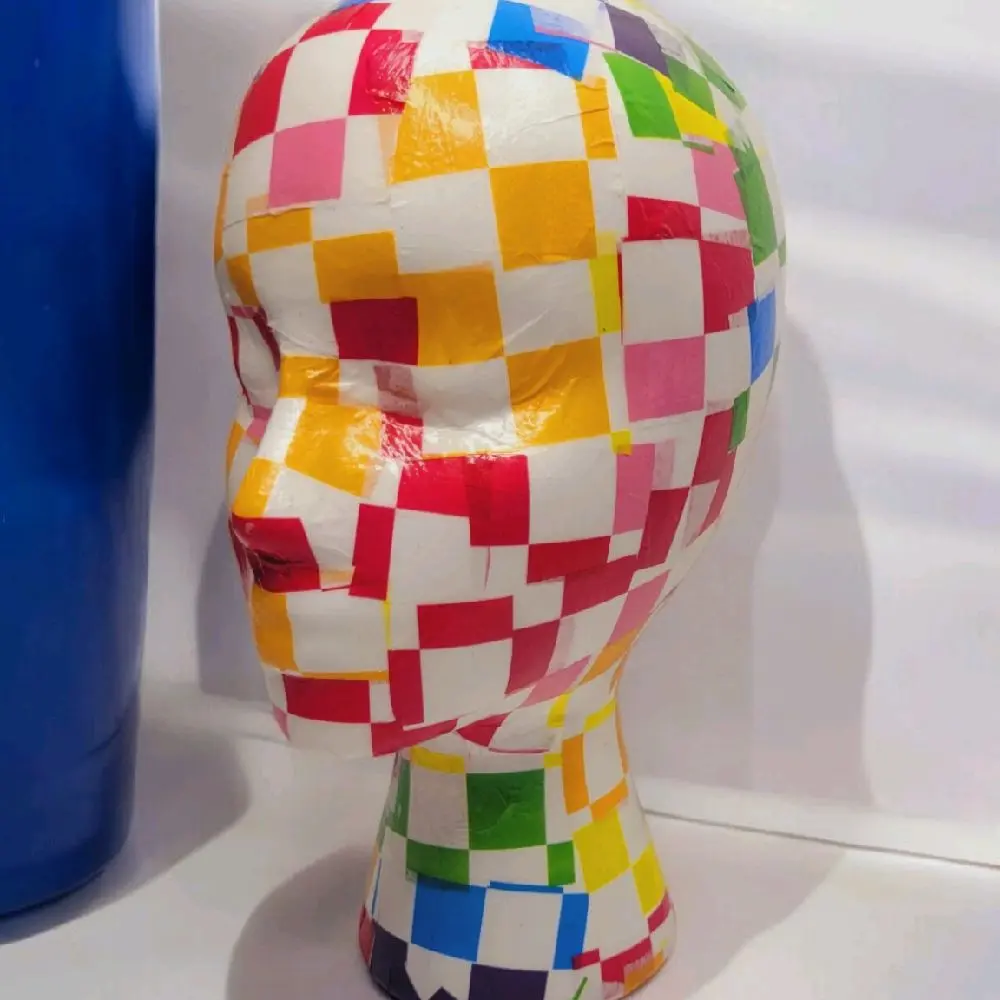 Decoupage female styrofoam mannequin head| checker pattern mannequin head| decoupage head display| wig stand|head display