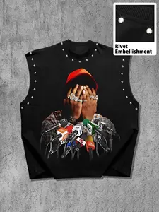 Unisex Sleeveless Summer Casual Vest, Muscle Tank Top, Muscle Singlet, Graphic Print + Rivet Design, Round Neck Wide Shoulder, Fitness & Streetwear, Trendy & Comfortable