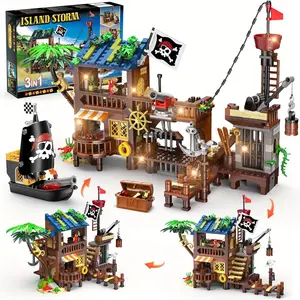 Pirate Ship House Building Set with LED Light - 3 Style Modes Pirate Wharf Supply Center Building Block Set, 781pcs STEM Bricks Kit for Kids Girls Boys Ages 6-12+ Birthday Gifts, Easter Gifts, Christmas Gifts